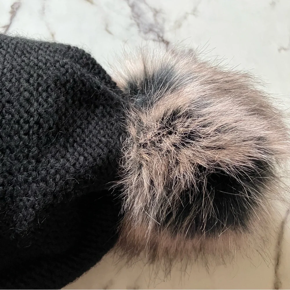 Village House Black Knit‎ Beanie with Faux Fur Pom